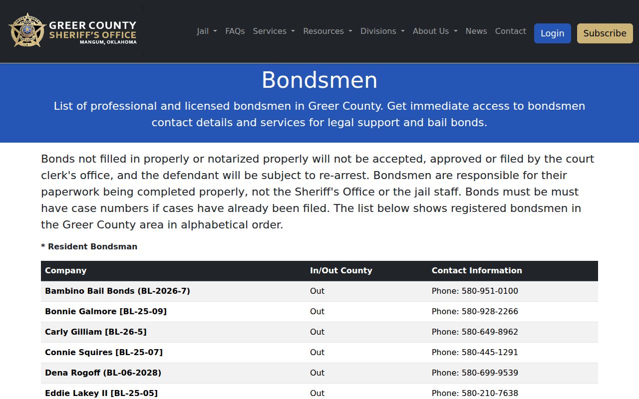 Greer County Sheriff bond table and bench warrant records context