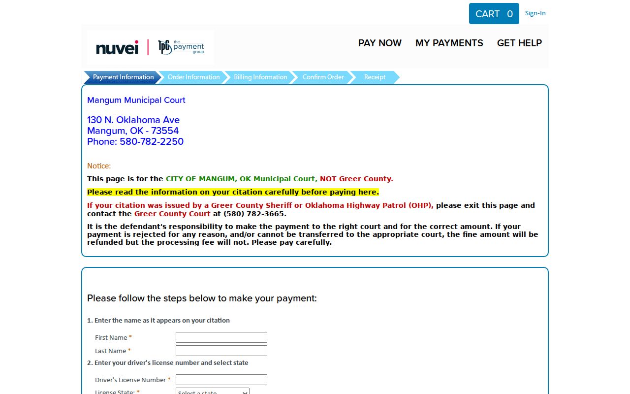Mangum city-only payment form in a Greer County warrant search context
