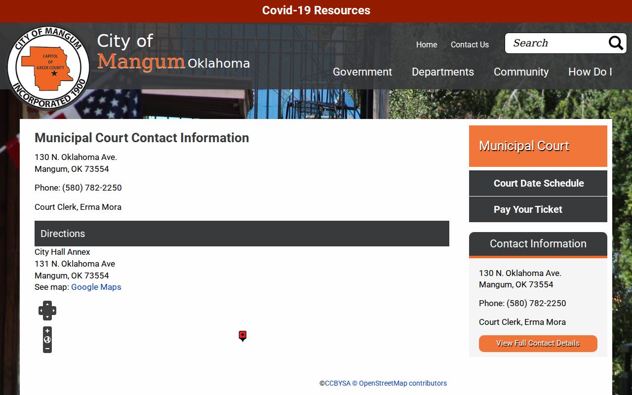 Mangum Municipal Court contact page for Greer County municipal warrants
