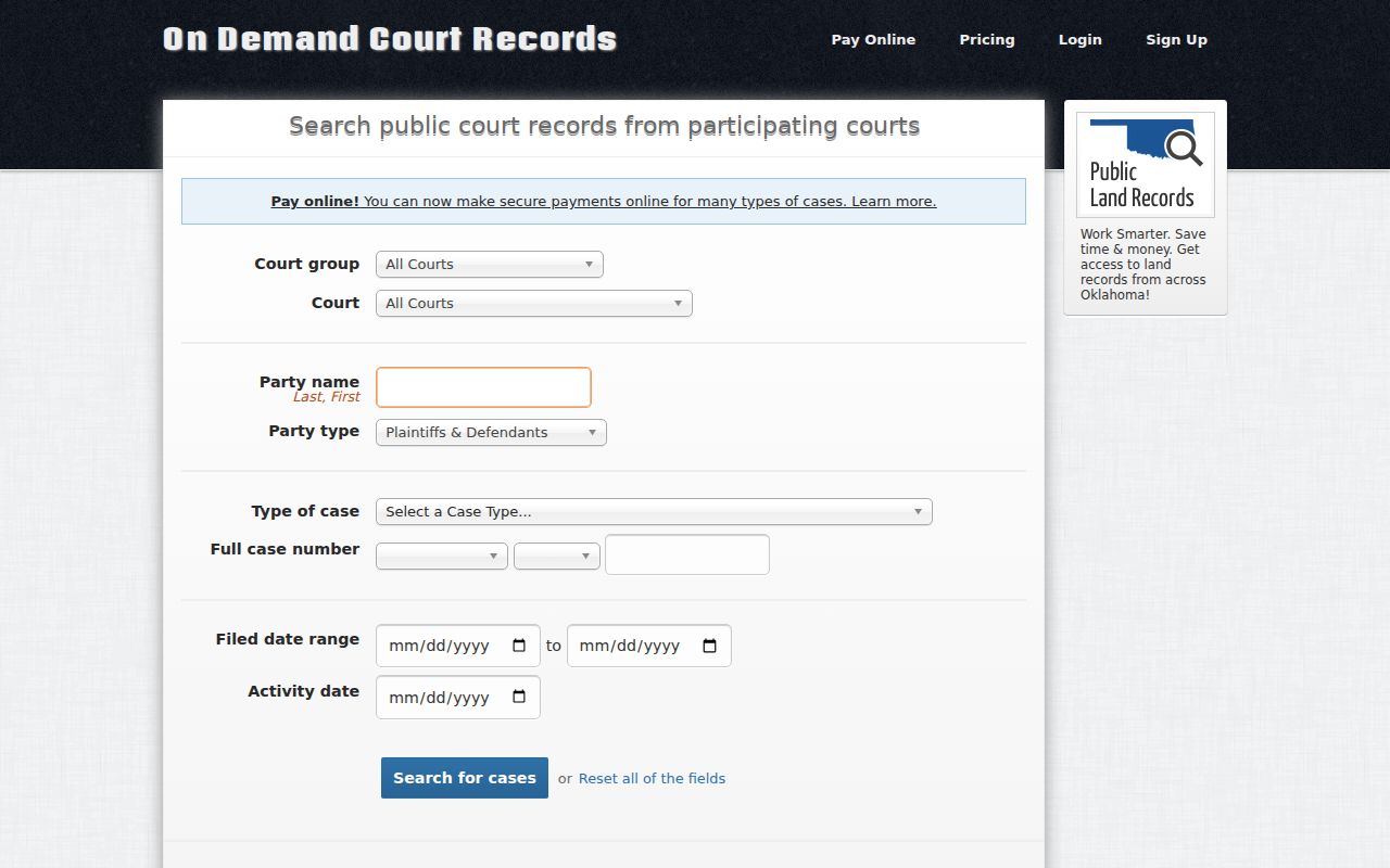 ODCR party and date fields for Greer County warrant search