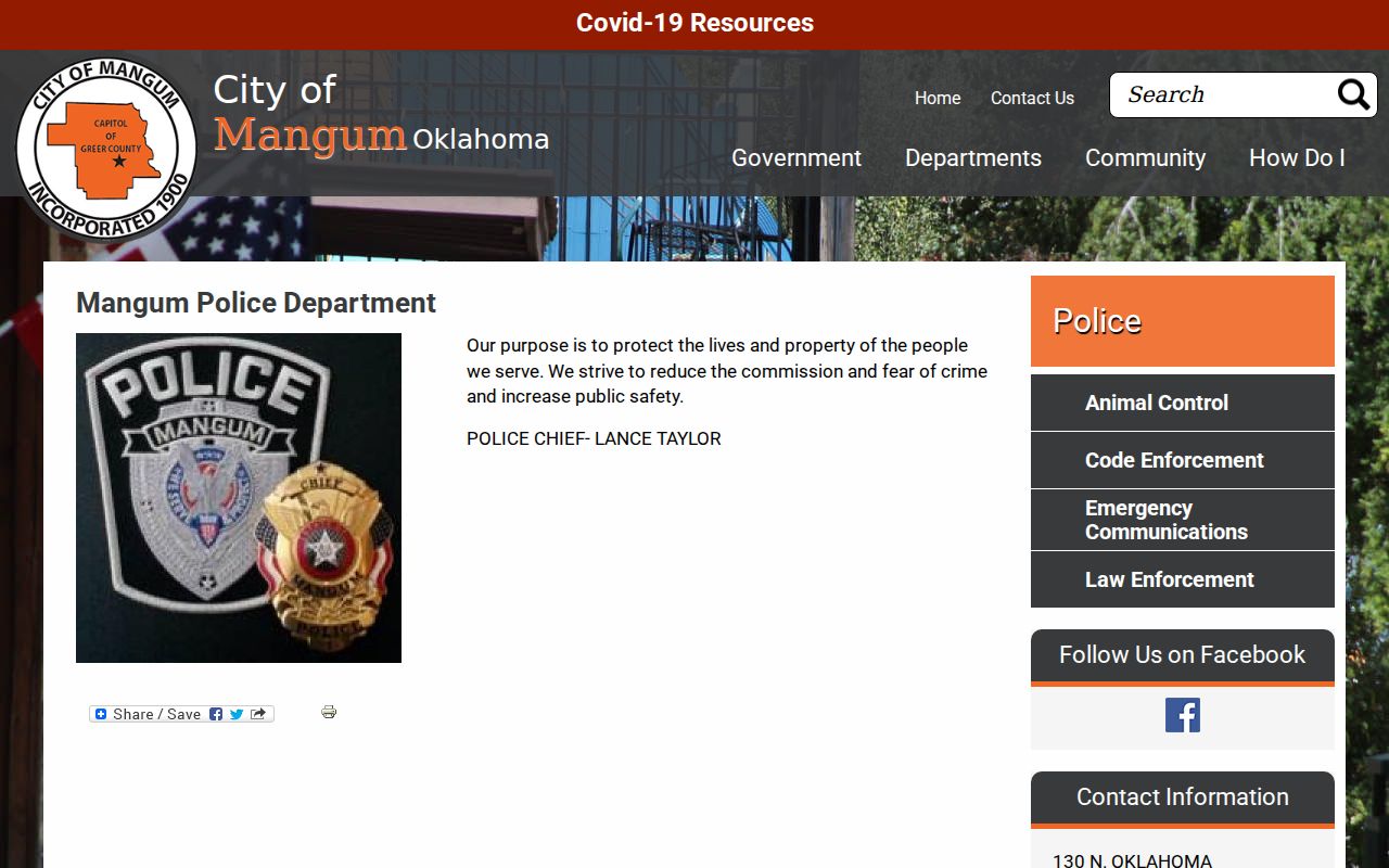 Mangum Police contact information for Mangum warrant records