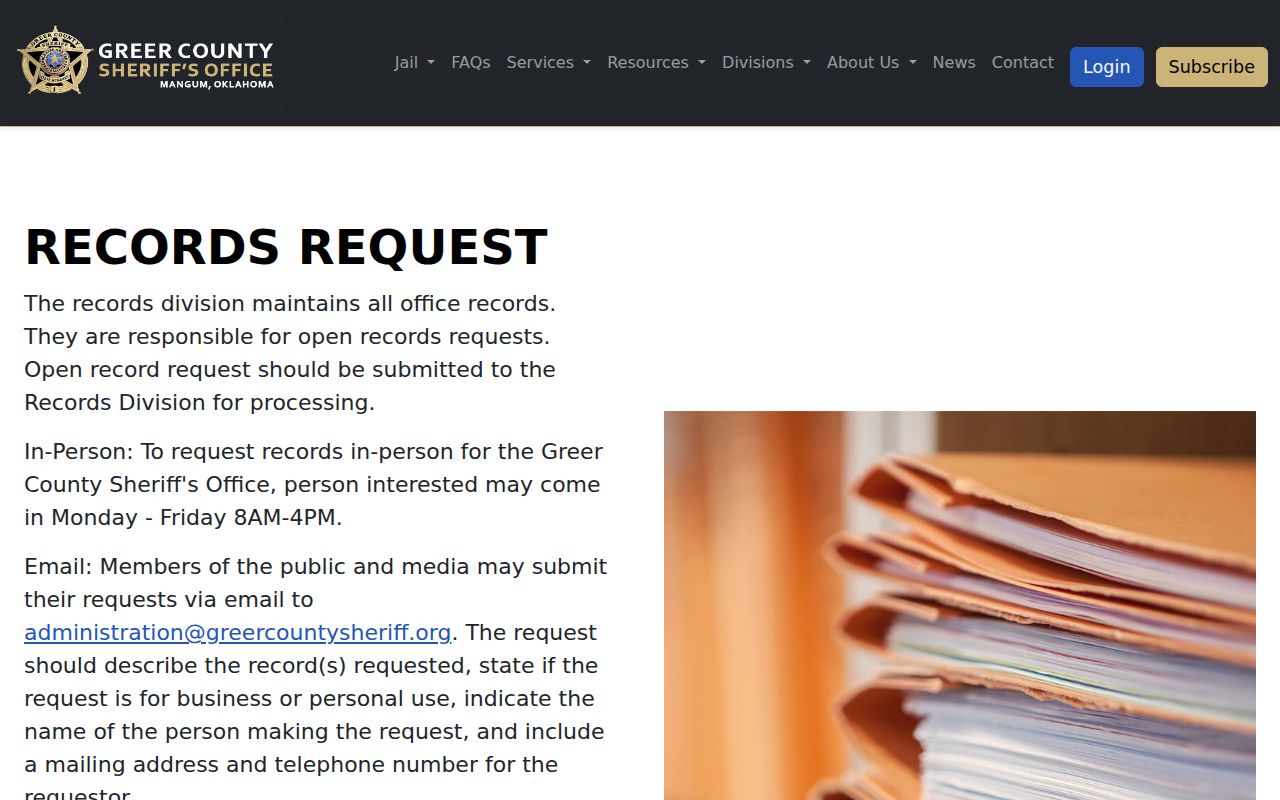Greer County Sheriff records request requirements for warrant records
