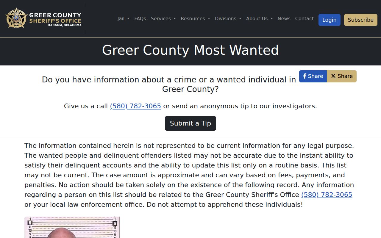 Greer County Sheriff Most Wanted program page for warrant records